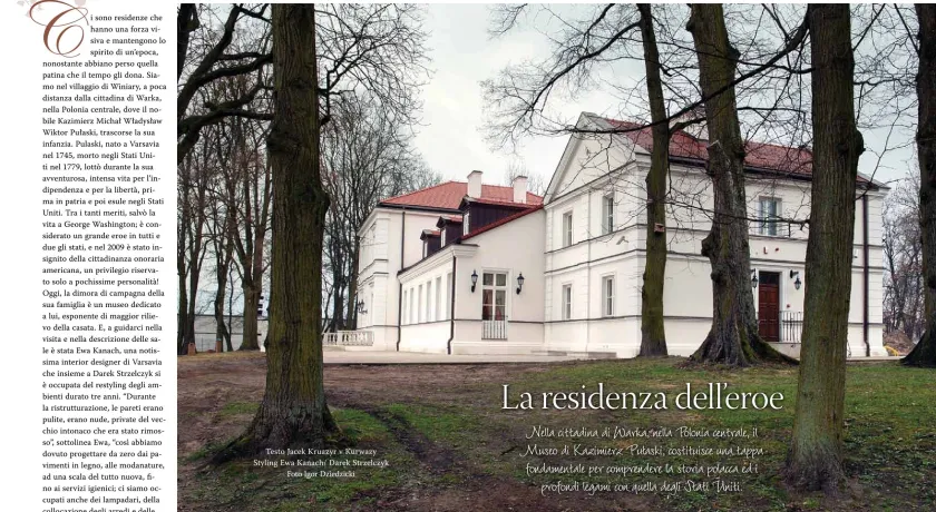 1 strona artykułu pt LA RESIDENZA DELL'EROE z włoskiego magazynu CASA DI UNA VOLTA o projekcie renowacji wnętrz muzeum w Warce wykonanym przez Ewę Kanach i Darka Strzelczyka