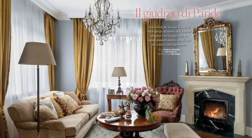 1 strona artykułu pt IL GIUDIZIO DI PARIDE  z włoskiego magazynu wnętrzarskiego CASA CHIC o projekcie wnętrz domu w Lipkowie zrealizowanym przez projektantkę wnętrz klasycznych i stylowych Ewę Kanach (KANACH INTERIORS)
