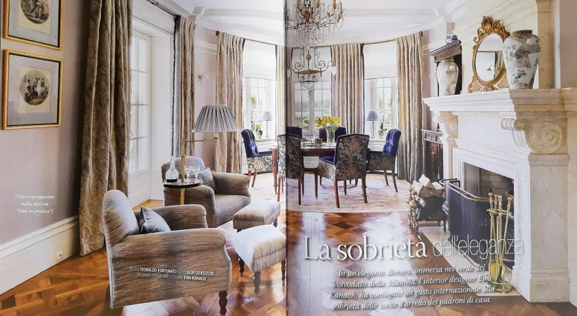1 strona artykułu z włoskiego magazynu wnętrzarskiego Casa Chic o projekcie wnętrz domu  zrealizowanym przez architektkę wnętrz klasycznych i stylowych Ewy Kanach
