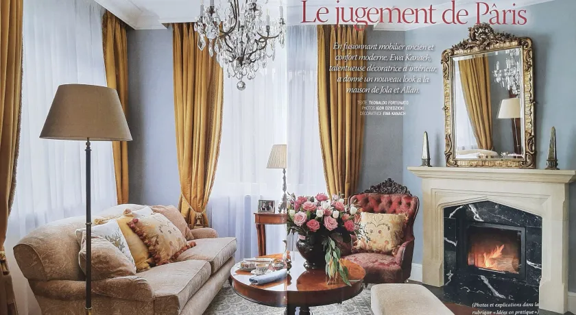 1 strona artykułu  pt LE JUGEMENT DE PARIS z francuskiego z magazynu wnętrzarskiego Maison Chic o projekcie wnętrz domu zrealizowanym przez projektantkę wnętrz klasycznych i stylowych Ewę Kanach, KANACH INTERIORS 