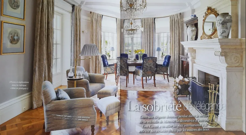 1 strona artykułu z francuskiego magazynu wnętrzarskiego Maison Chic o projekcie wnętrz domu zrealizowanym przez projektantkę wnętrz klasycznych i stylowych Ewy Kanach