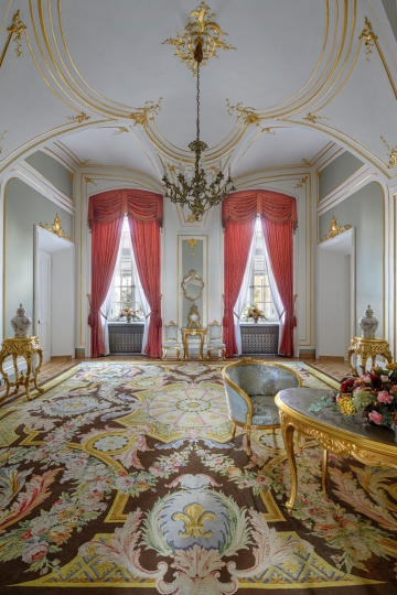 Pałac Prezydencki Krakowskie Przedmieście, Sala Rococo, Projekt tapicerki meblowej, projekt dekoracji okiennych, projekt wnętrz pałacowych, projektowanie wnętrz historycznych, Projektowanie wnętrz muzealnych, Projektowanie wnętrz klasycznych,