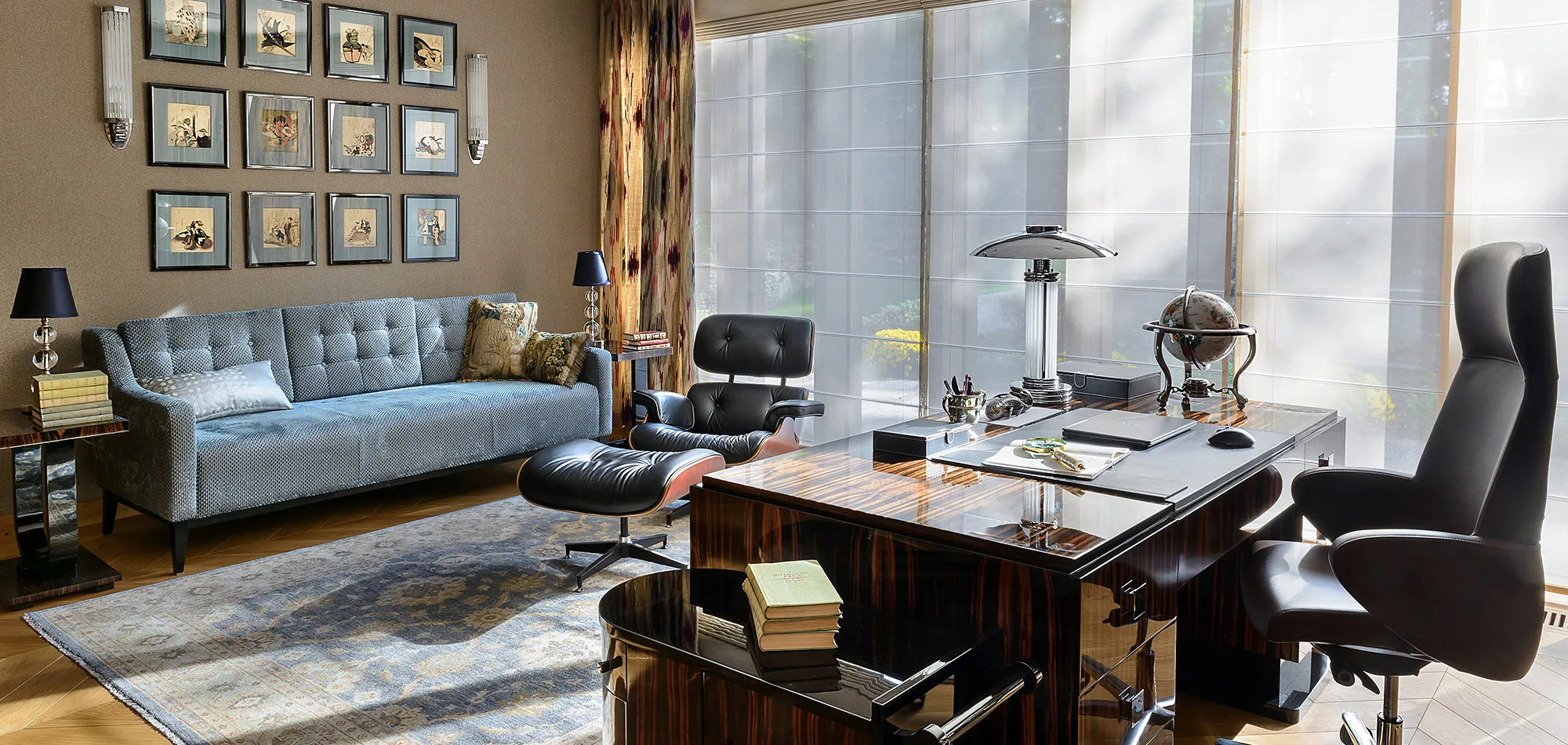 Gabinet w stylu klasycznym, dywan Ziegler ręcznie tkany, kolekcja drzeworytów japońskich, mable gabinetowe w stylu Art Deco, projektowanie mebli tapicerowanych i ich wykonanie na zamówienie, projektowanie i szycie zasłon i firanek, projektowanie wnętrz stylowych, projektowanie wnętrz klasycznych, projektowanie wnętrz ponadczasowych, wnętrza opierające się modom, interior design modern classic, 